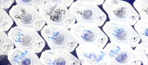 tops of several microcentrifuge tubes with hand written labels for sample tracking
