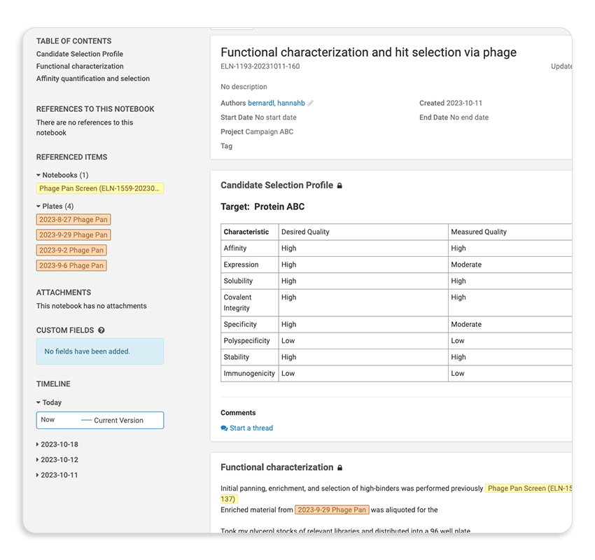 electronic lab notebook entry in antibody discovery software