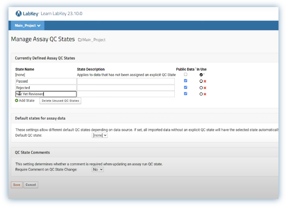 sdms window shows the options for quality control in the bioinformatics software