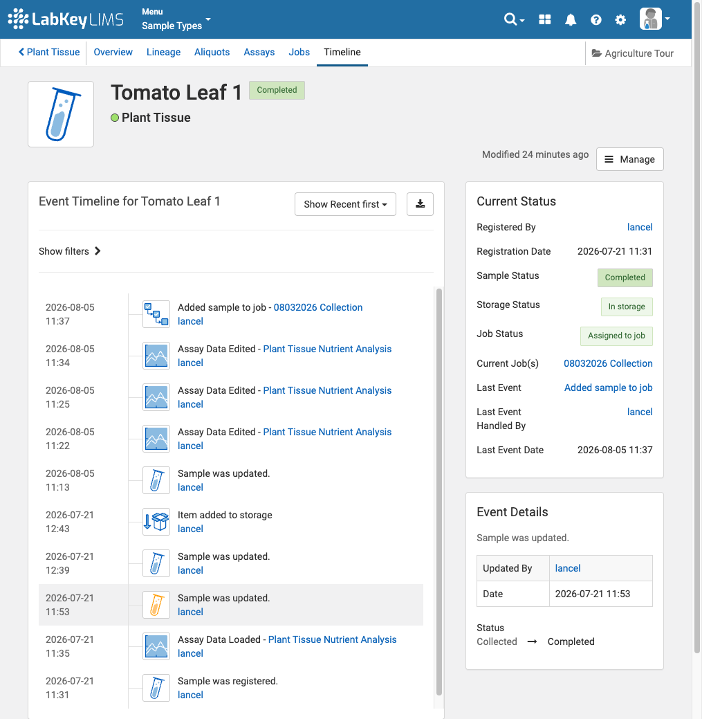 searchable and filterable sample level audit log of actions completed with time stamps status and user logged