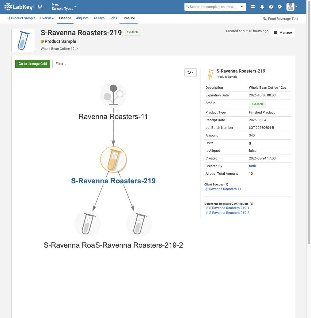 F&B lineage screenshot in labkey lims