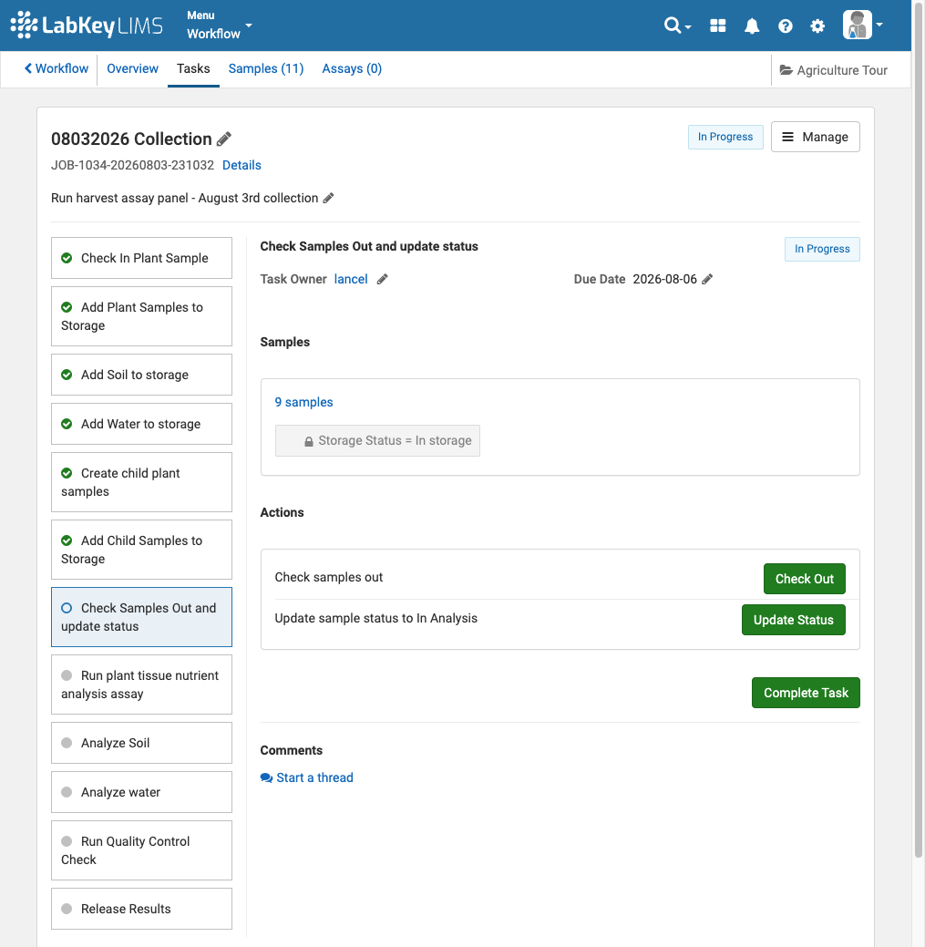workflow mid trial configured for receiving a plant sample with soil and water samples